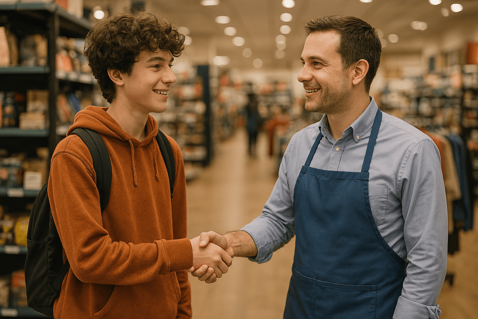 A student worker shaking hands with a local retailer inside a store